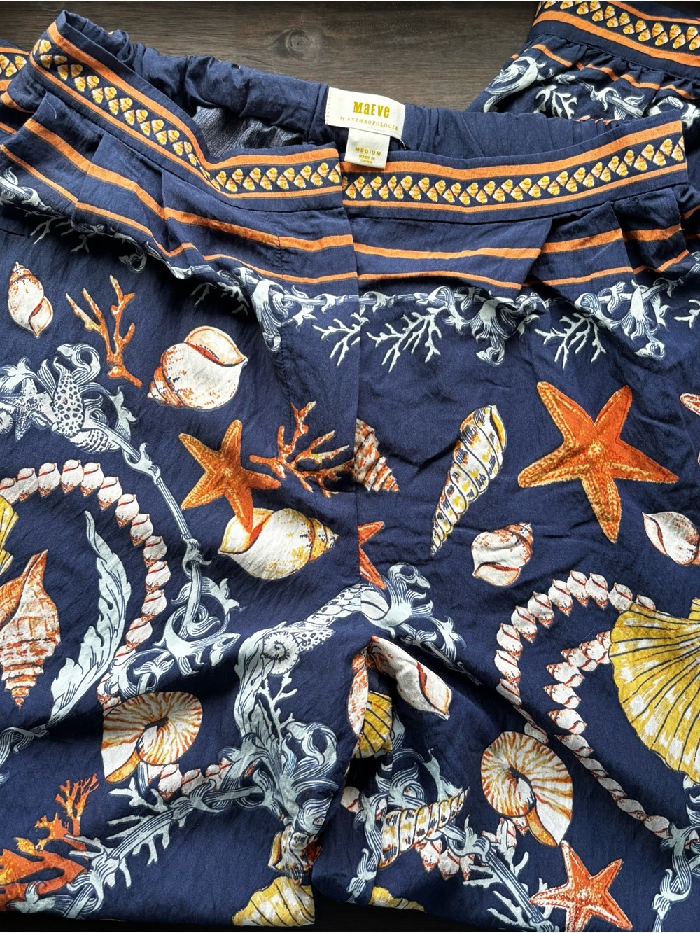 Anthropologie Maeve Navy Seashell Print Lounge Pants with Orange & Yellow Accent - Picture 3 of 3